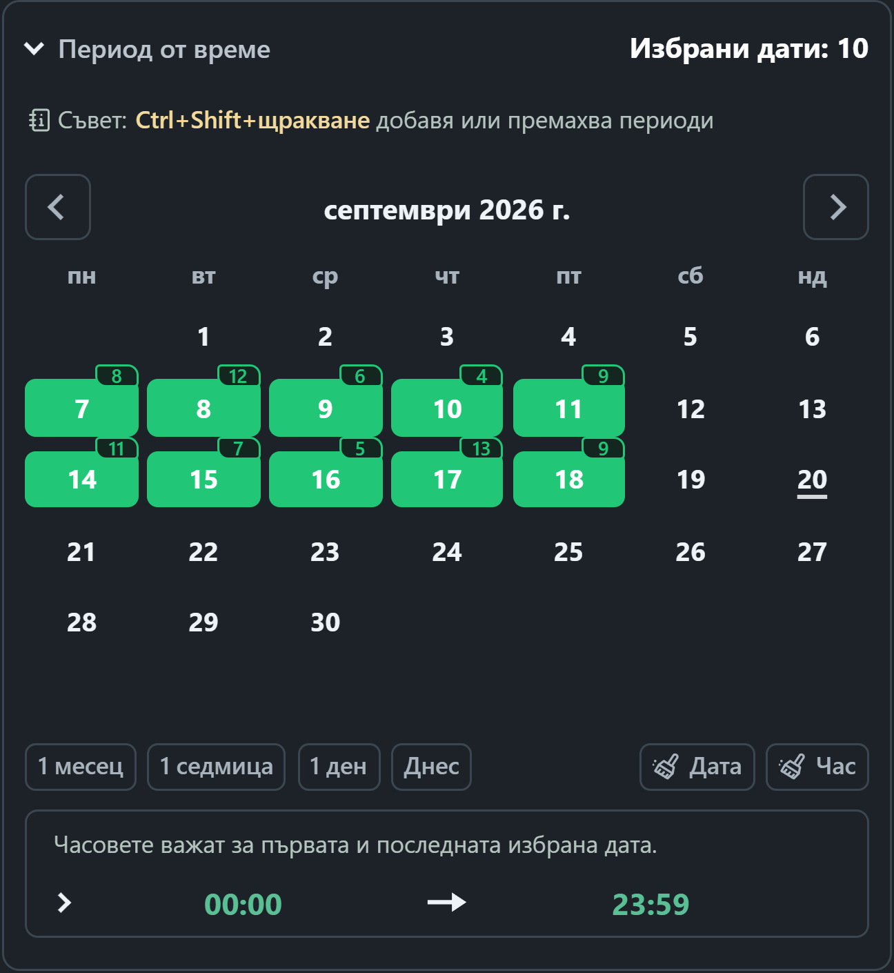 WhatsSnap календар с избрани периоди от време и ежедневни сканирани медийни значки