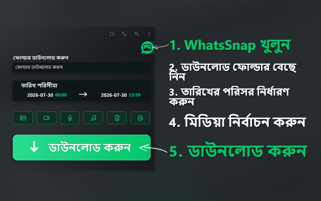 WhatsSnap লঞ্চার, তারিখের পরিসর, মিডিয়া নির্বাচন এবং ডাউনলোড প্রবাহ