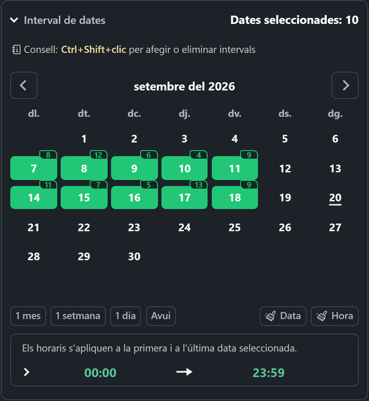 Calendari WhatsSnap amb intervals de dates seleccionats i insígnies multimèdia trobades per escaneig diari