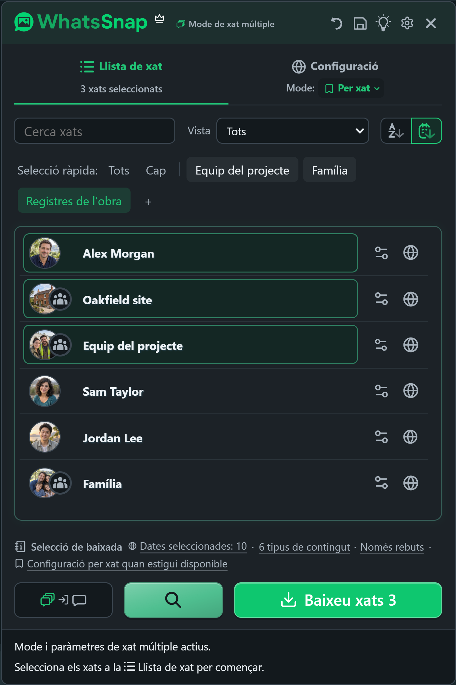WhatsSnap Xat múltiple amb grups de selecció ràpida, cerca, filtres i xats de treball ficticis