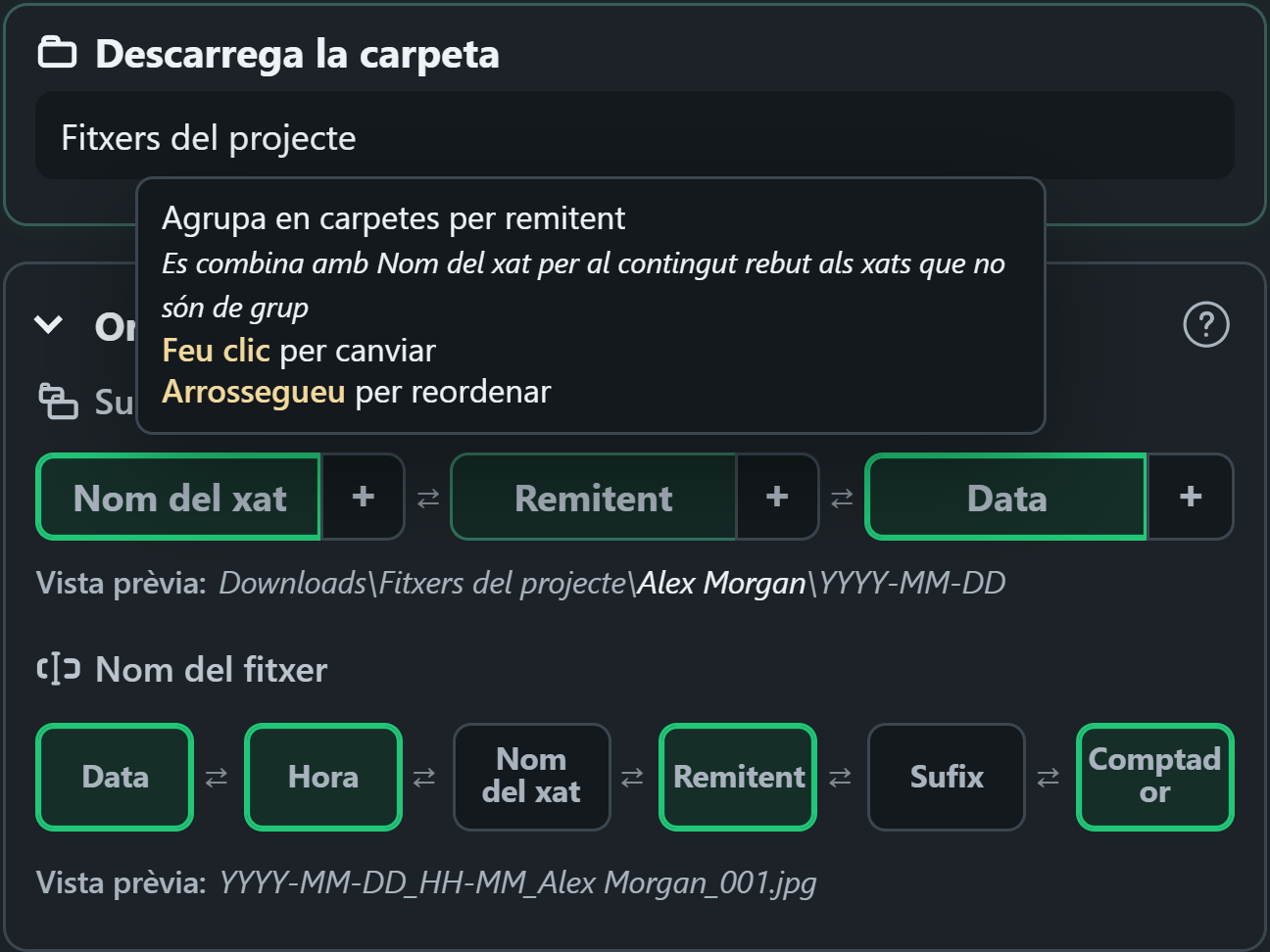 WhatsSnap controls d'organització d'arrossegar i deixar anar amb visualitzacions prèvies de carpetes i noms de fitxer