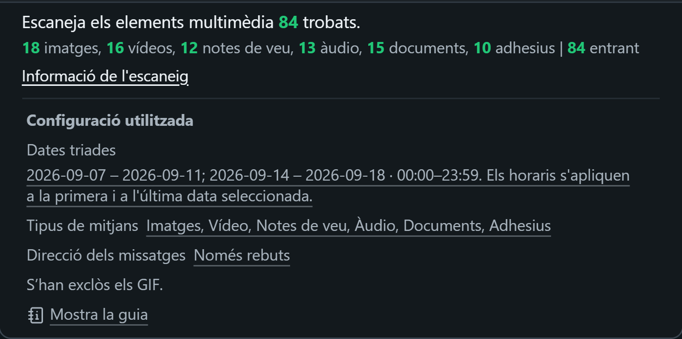 WhatsSnap Un sol xat — Informació de l'escaneig que mostra el recompte de mitjans i els filtres de data, mitjans i direcció utilitzats