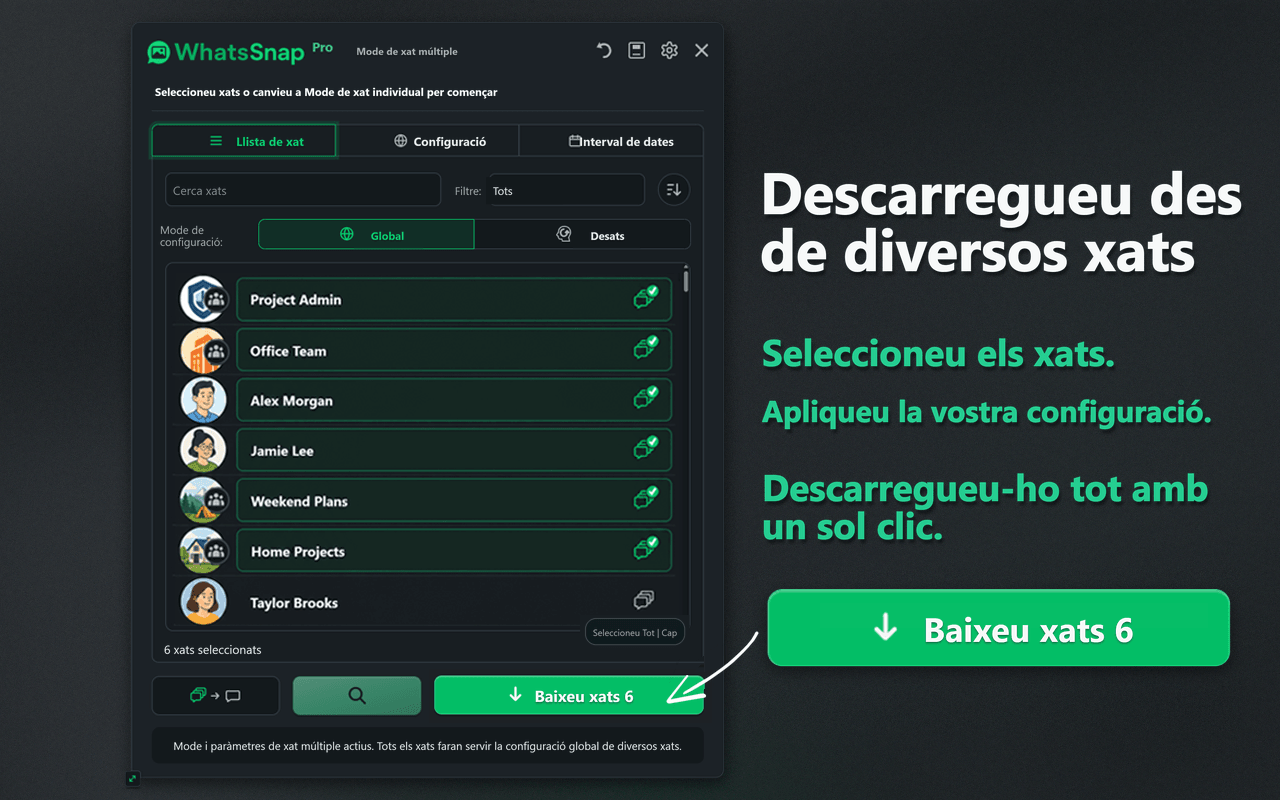 Interfície de selecció Multi-chat i descàrrega per lots de WhatsSnap