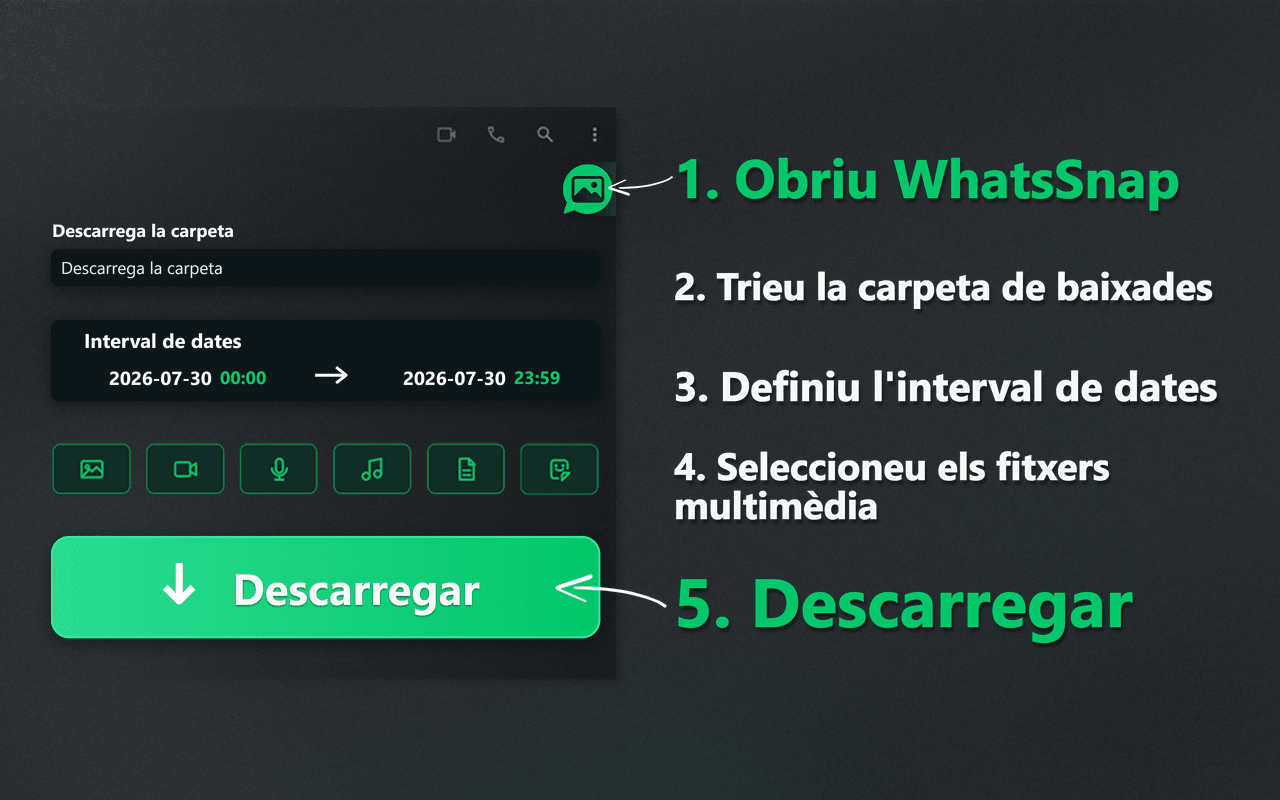 Llançador de WhatsSnap, interval de dates, selecció de contingut multimèdia i flux de descàrrega