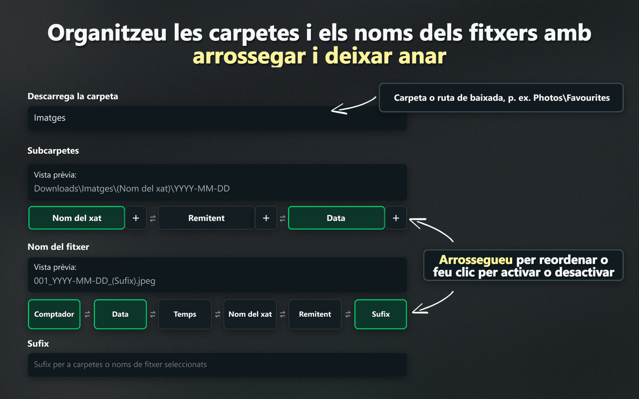 Controls d'organització de carpetes i noms de fitxer amb arrossegar i deixar anar de WhatsSnap
