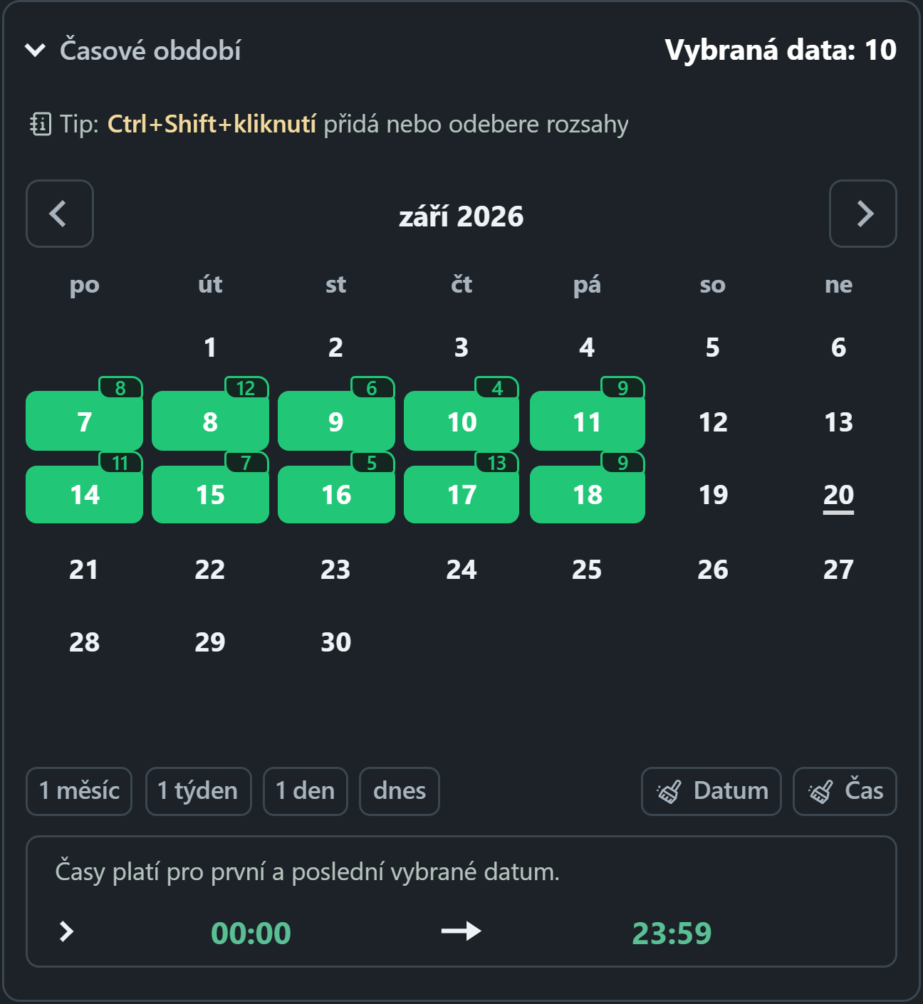 WhatsSnap kalendář s vybranými obdobími a denními odznaky nalezených médií