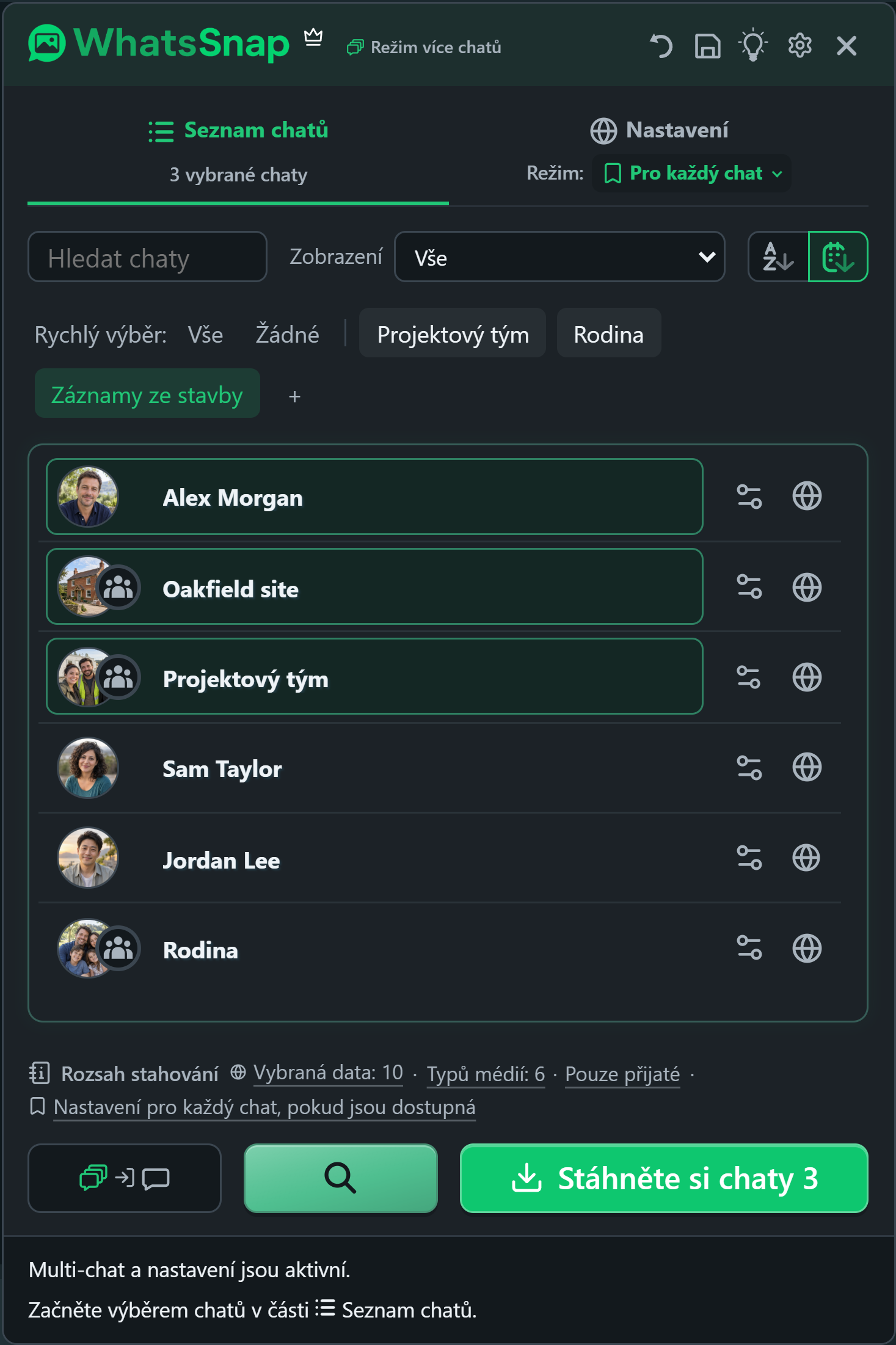 WhatsSnap Multichat se skupinami rychlého výběru, vyhledáváním, filtry a fiktivními pracovními chaty