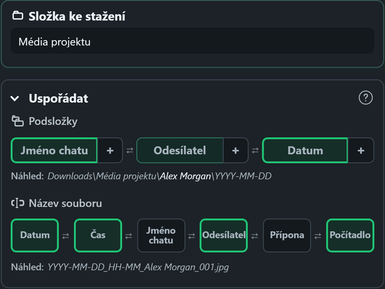 Ovládací prvky organizace WhatsSnap přetažením s náhledy složek a souborů