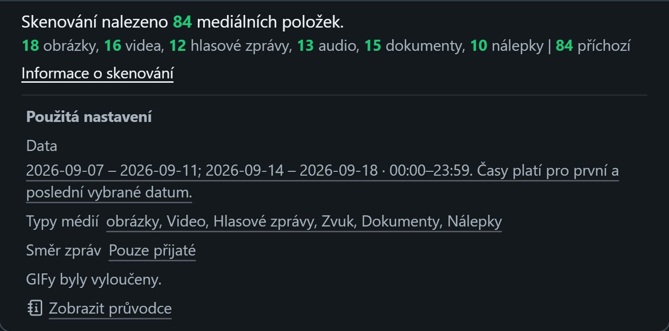 WhatsSnap Jeden chat — Informace o skenování showing media counts and the date, media and direction filters used