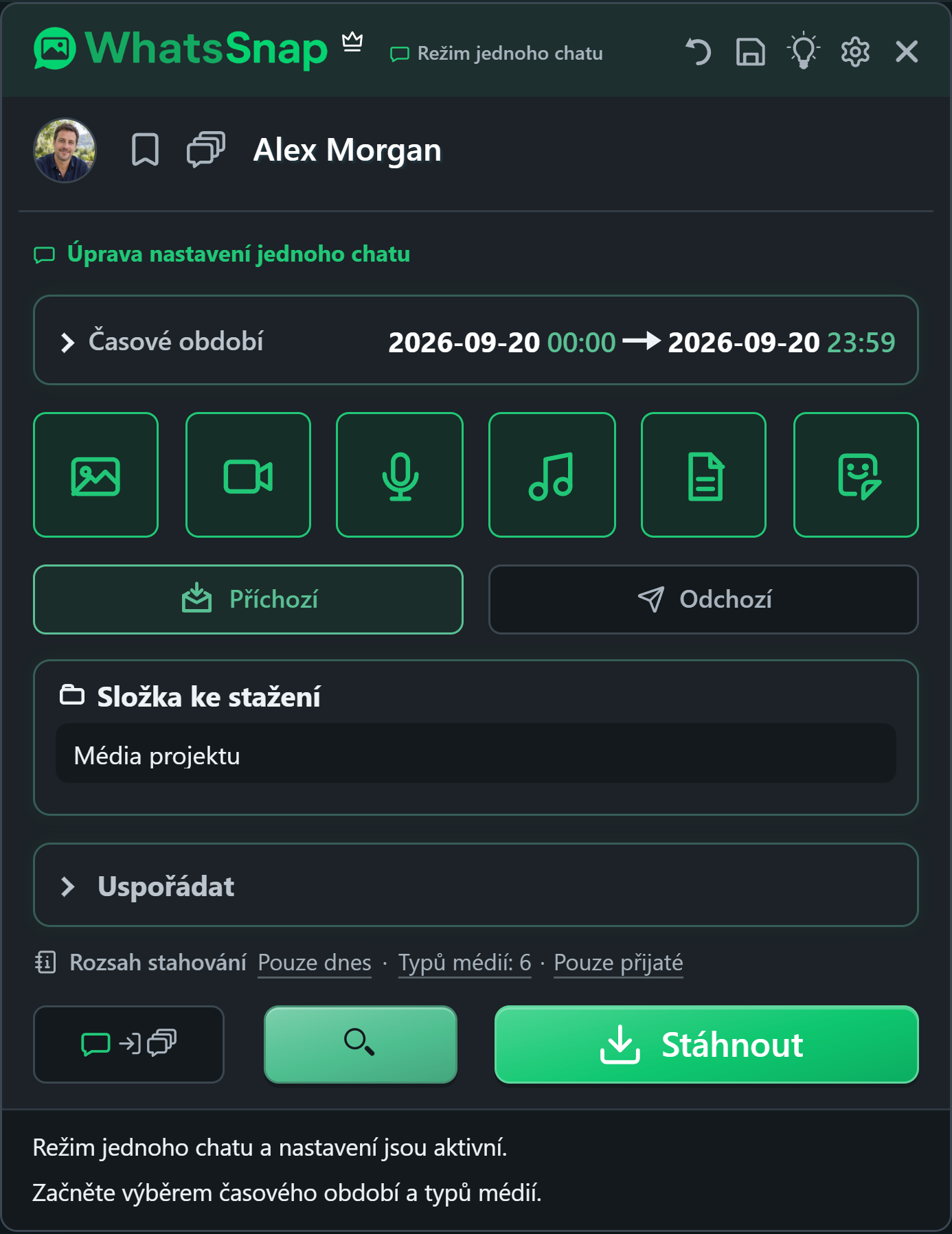 WhatsSnap uvnitř WhatsApp Web s ovládacími prvky pro organizaci dat, médií a souborů