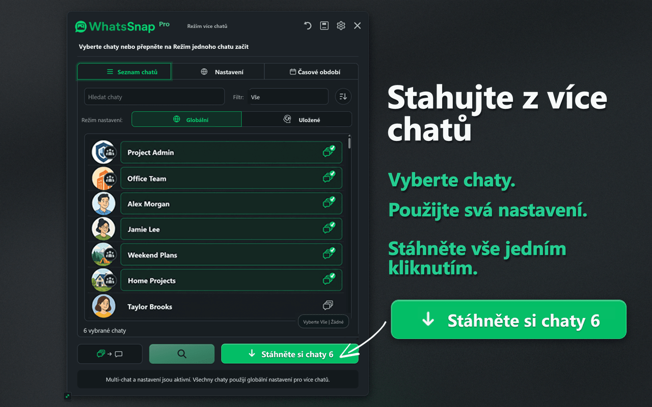 Rozhraní WhatsSnap pro výběr v režimu Multi-chat a dávkové stahování