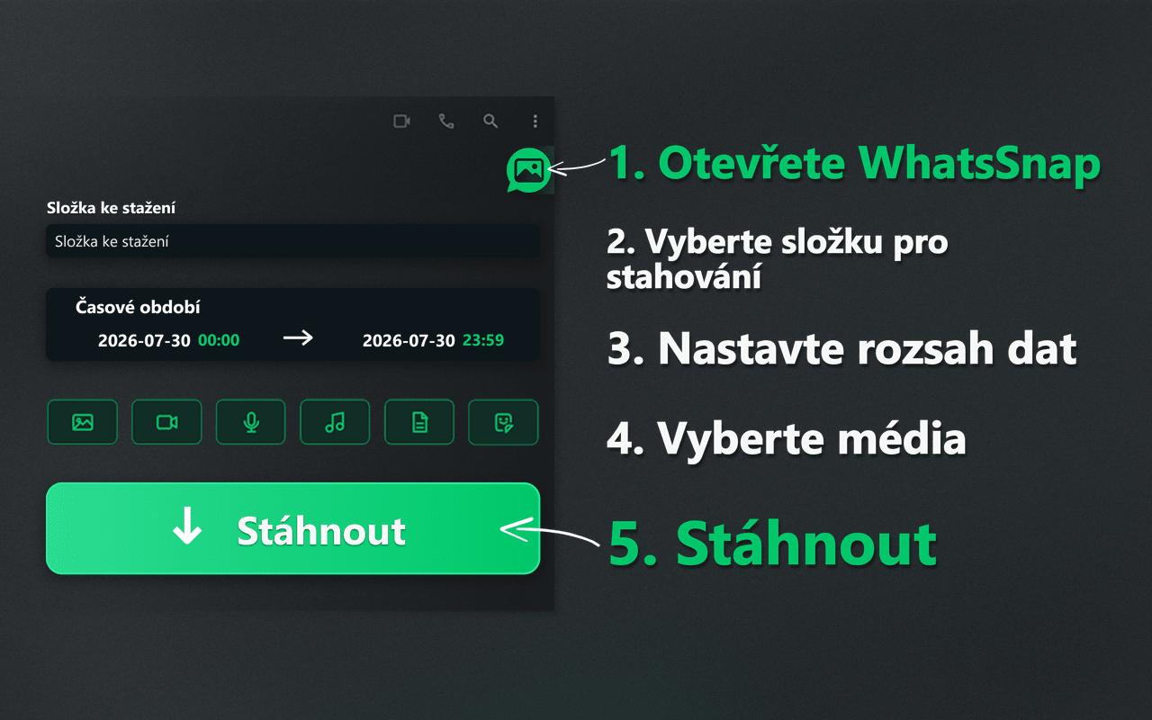 Spouštěč WhatsSnap, rozsah data, výběr médií a postup stahování