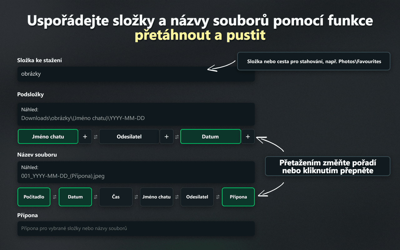 Ovládací prvky WhatsSnap pro uspořádání složek a názvů souborů přetažením