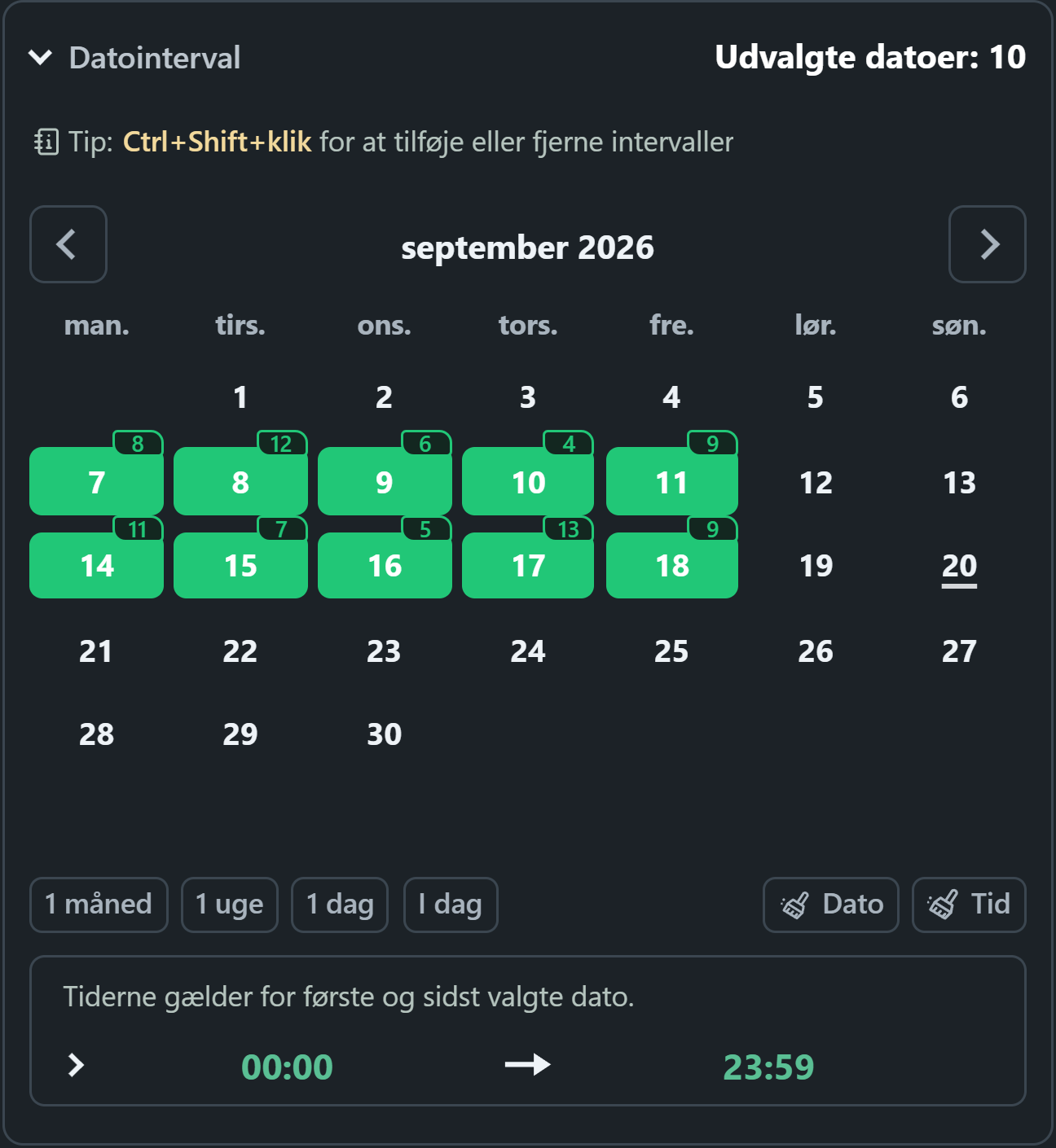 WhatsSnap kalender med udvalgte datointervaller og daglige scanningsfundne mediemærker