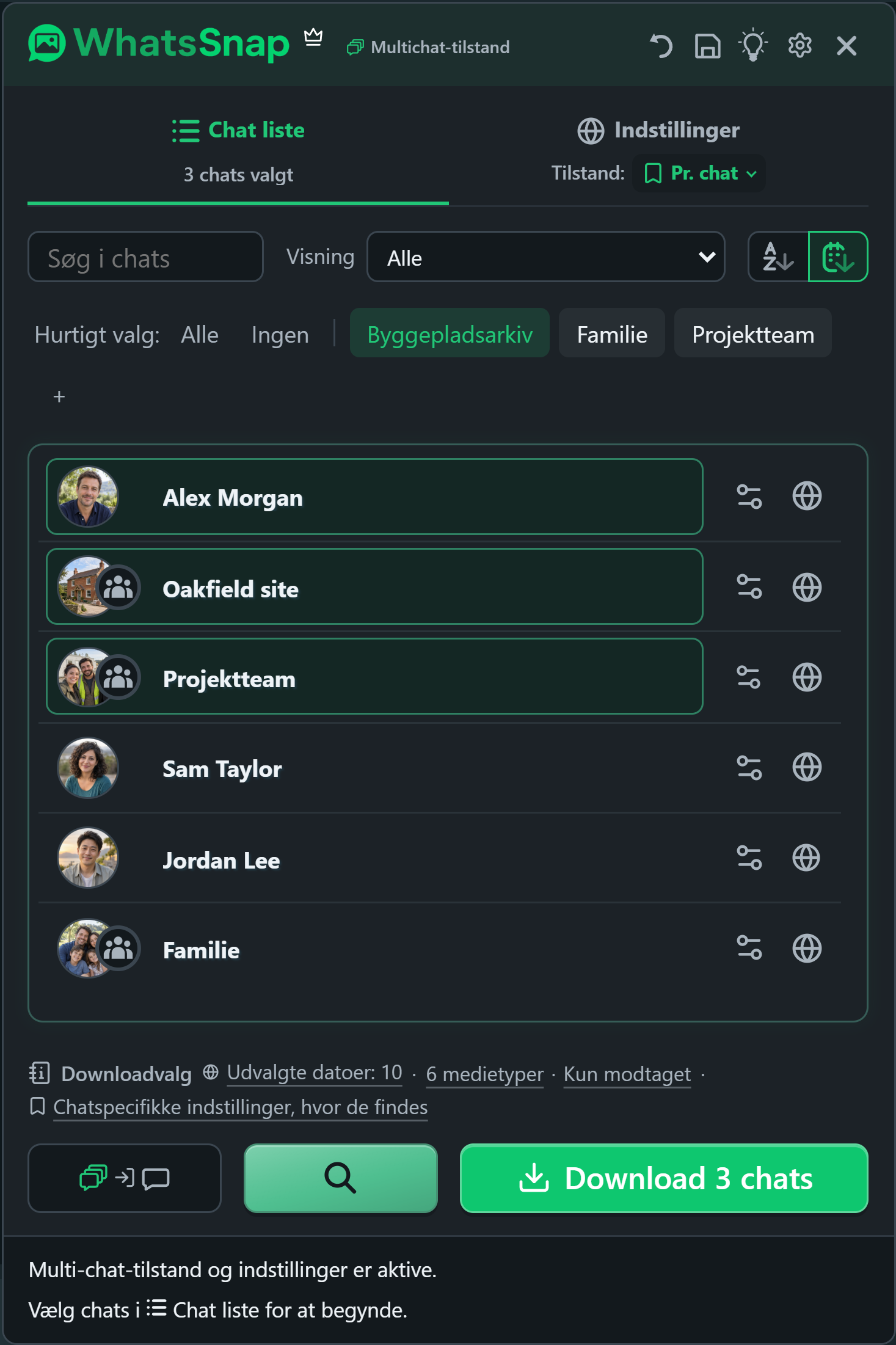 WhatsSnap Multichat med Quick Select-grupper, søgning, filtre og fiktive arbejdschat