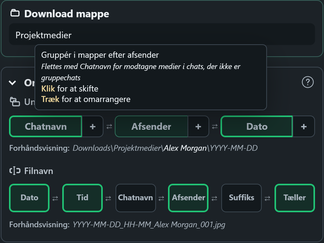 WhatsSnap træk-og-slip organisationskontrolelementer med forhåndsvisning af mapper og filnavne