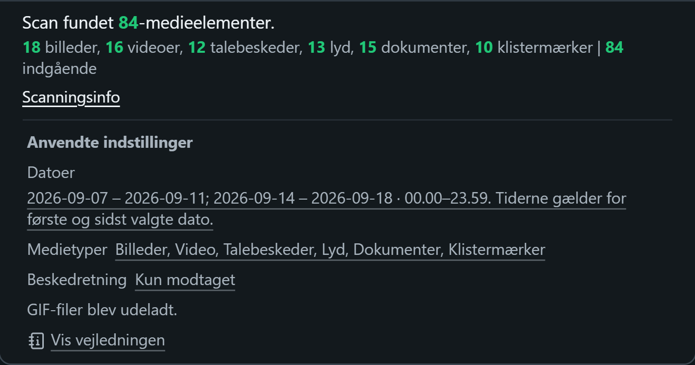 WhatsSnap Enkelt chat — Scanningsinfo viser medietællinger og de anvendte dato-, medie- og retningsfiltre