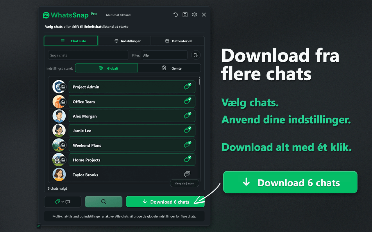 WhatsSnap-grænseflade til Multi-chat-valg og batchdownload