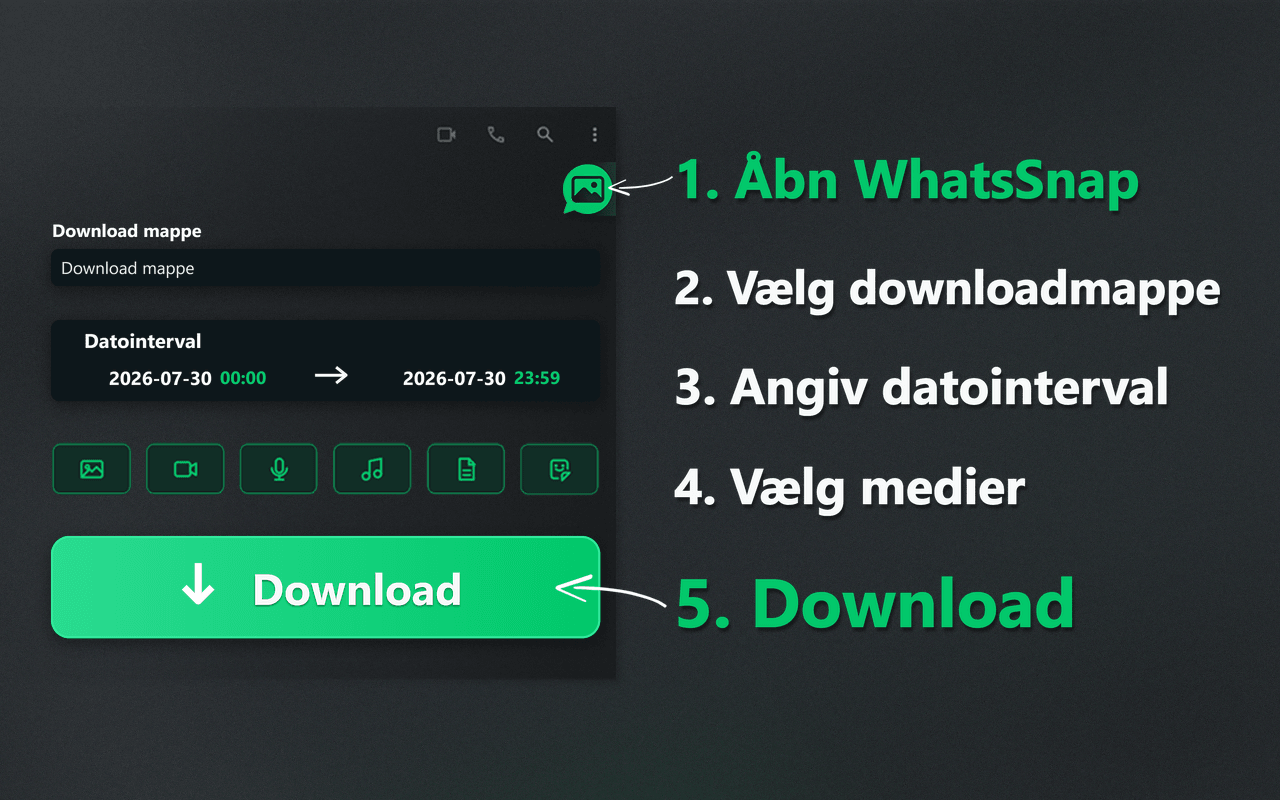 WhatsSnap-starter, datointerval, medievalg og downloadforløb
