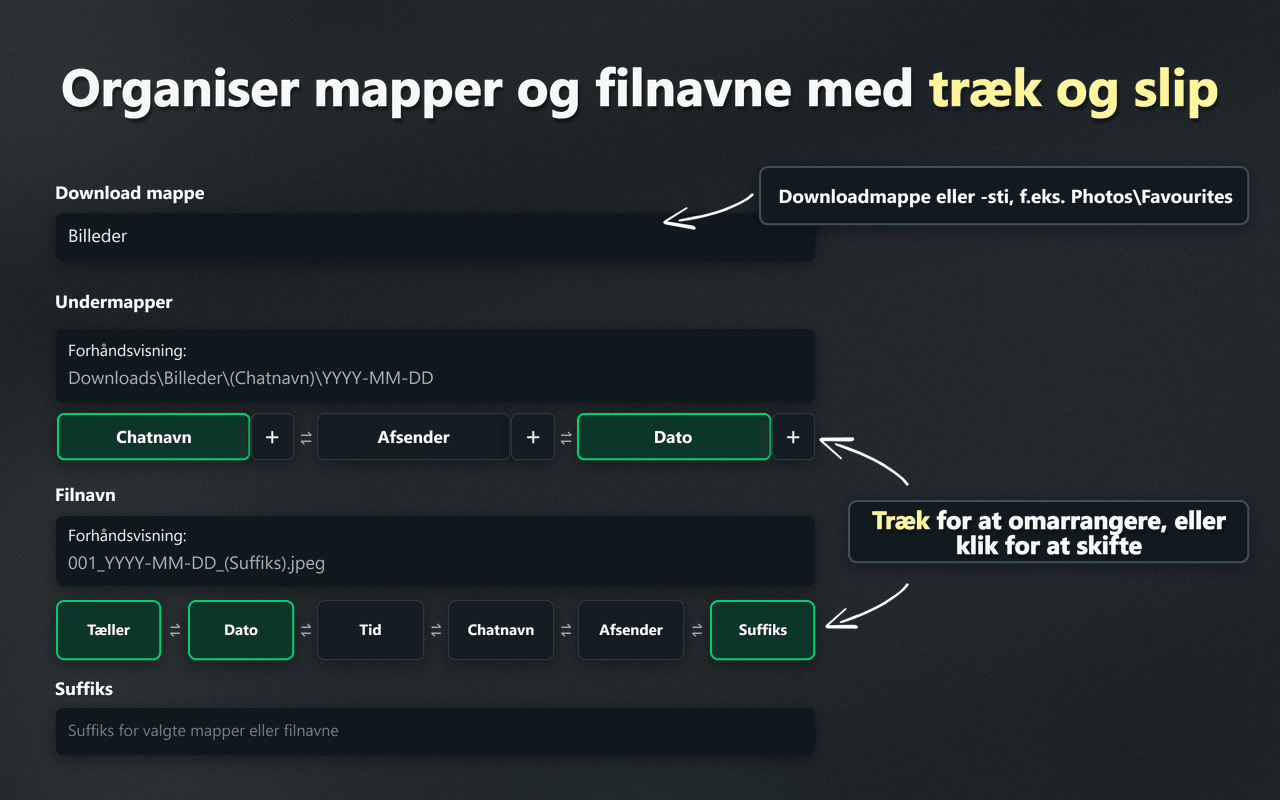 WhatsSnaps træk og slip-funktioner til organisering af mapper og filnavne