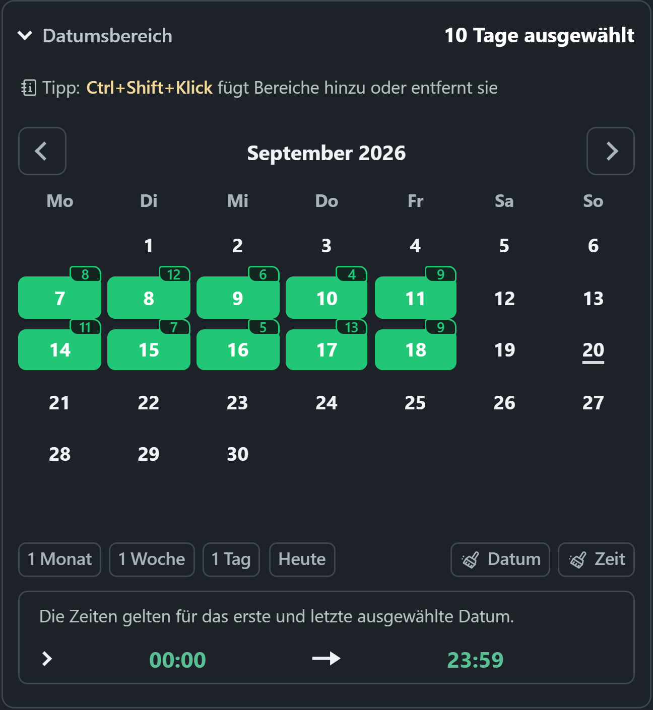 WhatsSnap-Kalender mit ausgewählten Datumsbereichen und täglichen Scan-gefundenen Medien-Badges