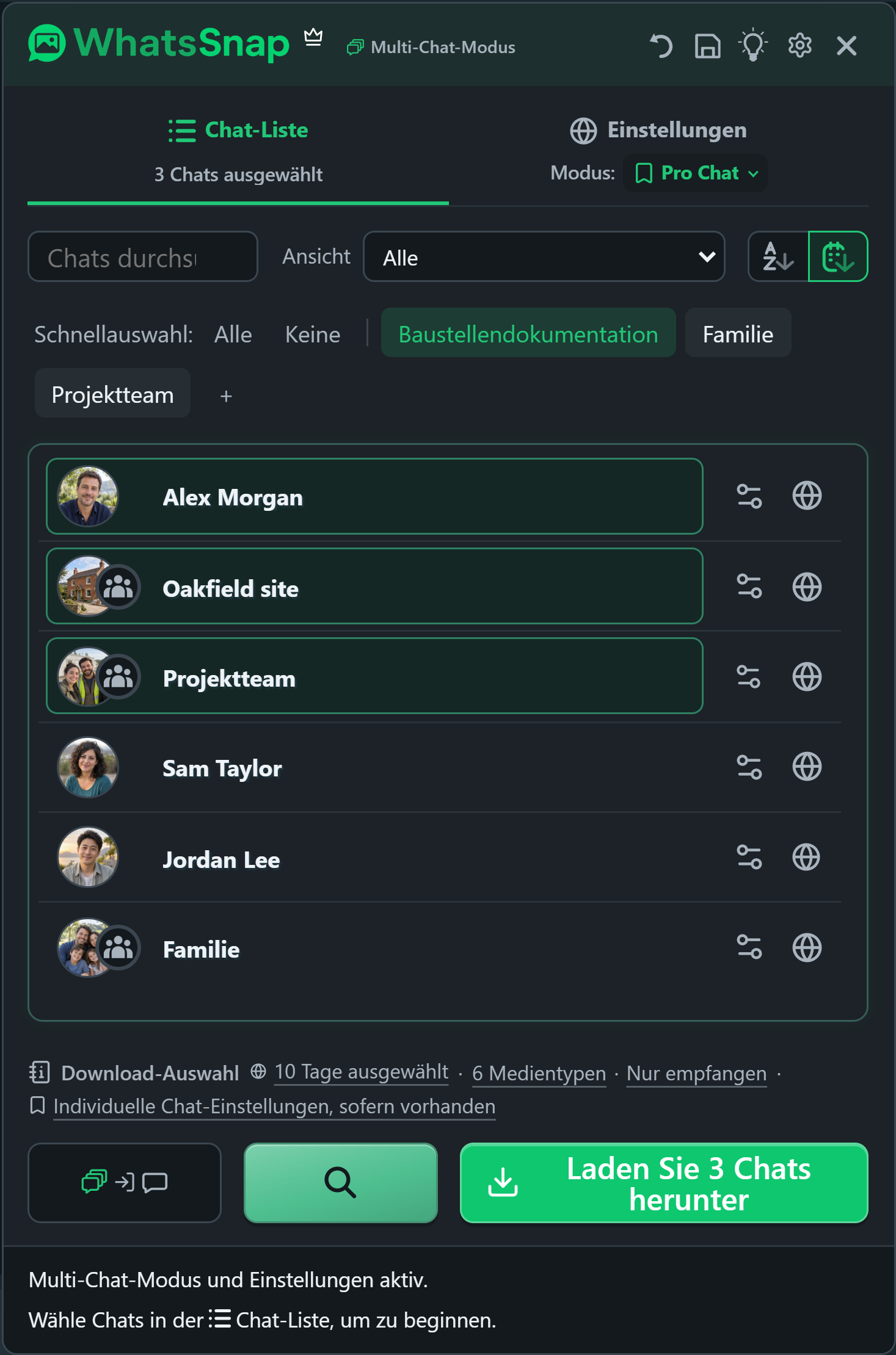 WhatsSnap Multi-Chat mit Schnellauswahlgruppen, Suche, Filtern und fiktiven Arbeitschats