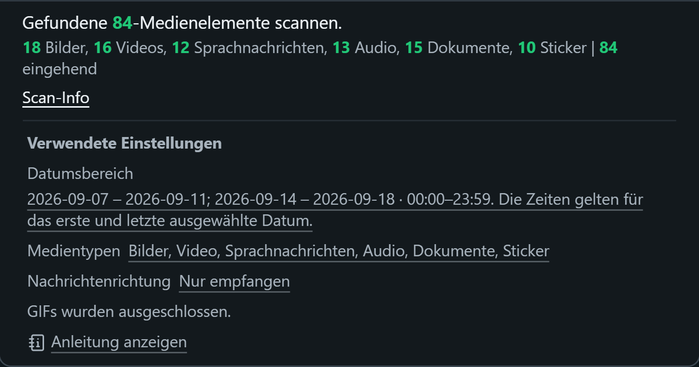 WhatsSnap Einzelchat — Scan-Info zeigt die Medienanzahl sowie die verwendeten Datums-, Medien- und Richtungsfilter an