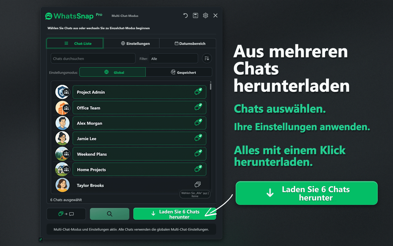 WhatsSnap-Oberfläche für Multi-chat-Auswahl und Stapeldownload