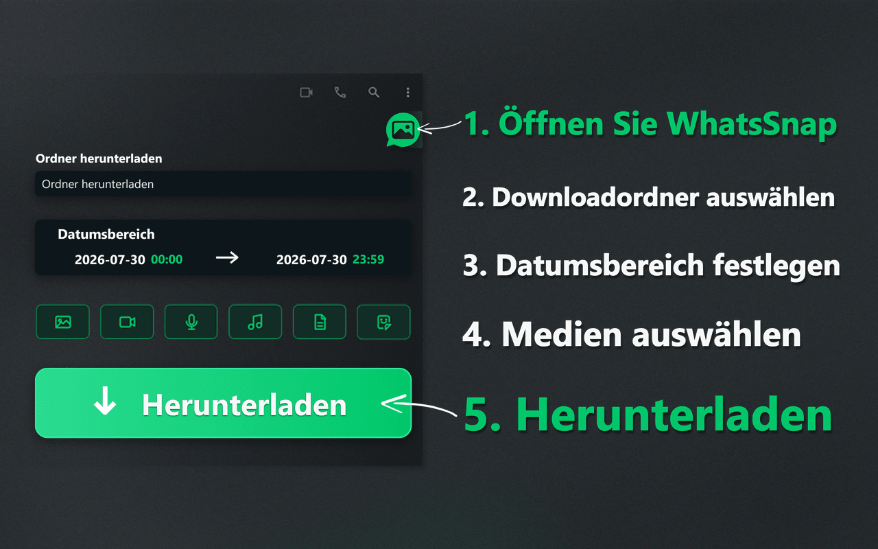 WhatsSnap-Startschaltfläche, Datumsbereich, Medienauswahl und Downloadablauf