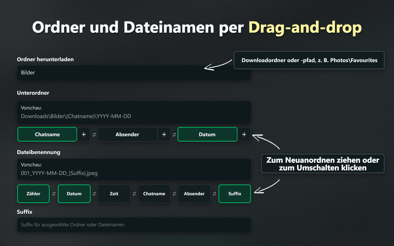 WhatsSnap-Steuerelemente zur Organisation von Ordnern und Dateinamen per Drag-and-drop