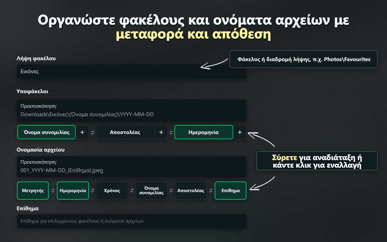 Στοιχεία ελέγχου μεταφοράς και απόθεσης του WhatsSnap για την οργάνωση φακέλων και ονομάτων αρχείων