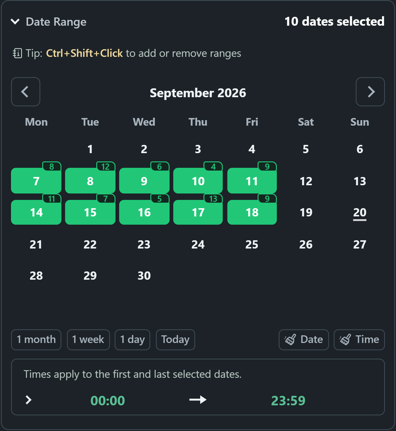 WhatsSnap calendar with selected date ranges and daily scan-found media badges