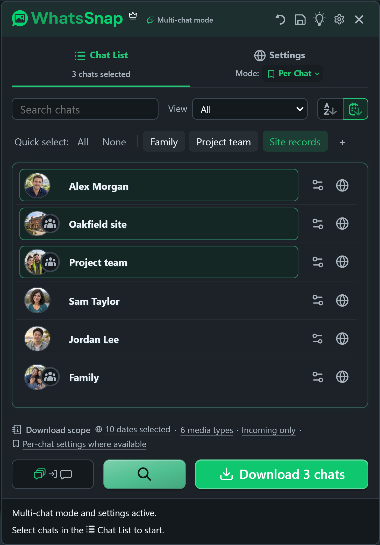 WhatsSnap Multi-chat with Quick Select groups, search, filters and fictional work chats