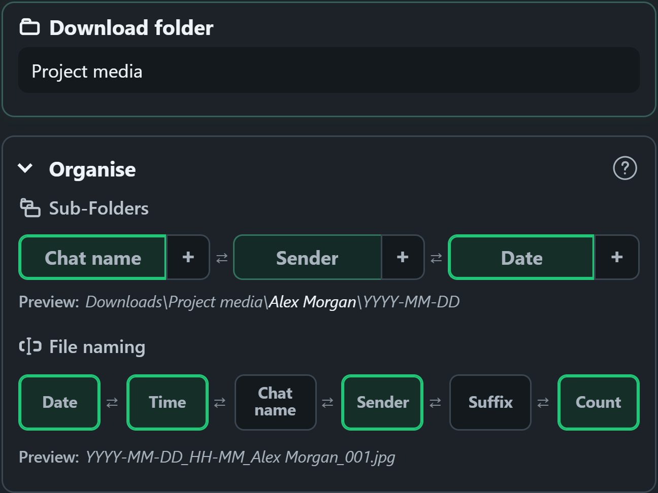 WhatsSnap drag-and-drop organisation controls with folder and filename previews