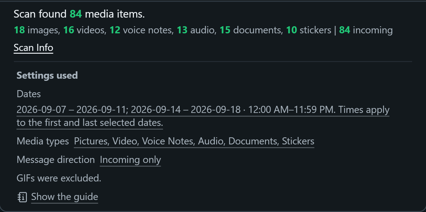 WhatsSnap Single-chat Scan Info showing media counts and the date, media and direction filters used
