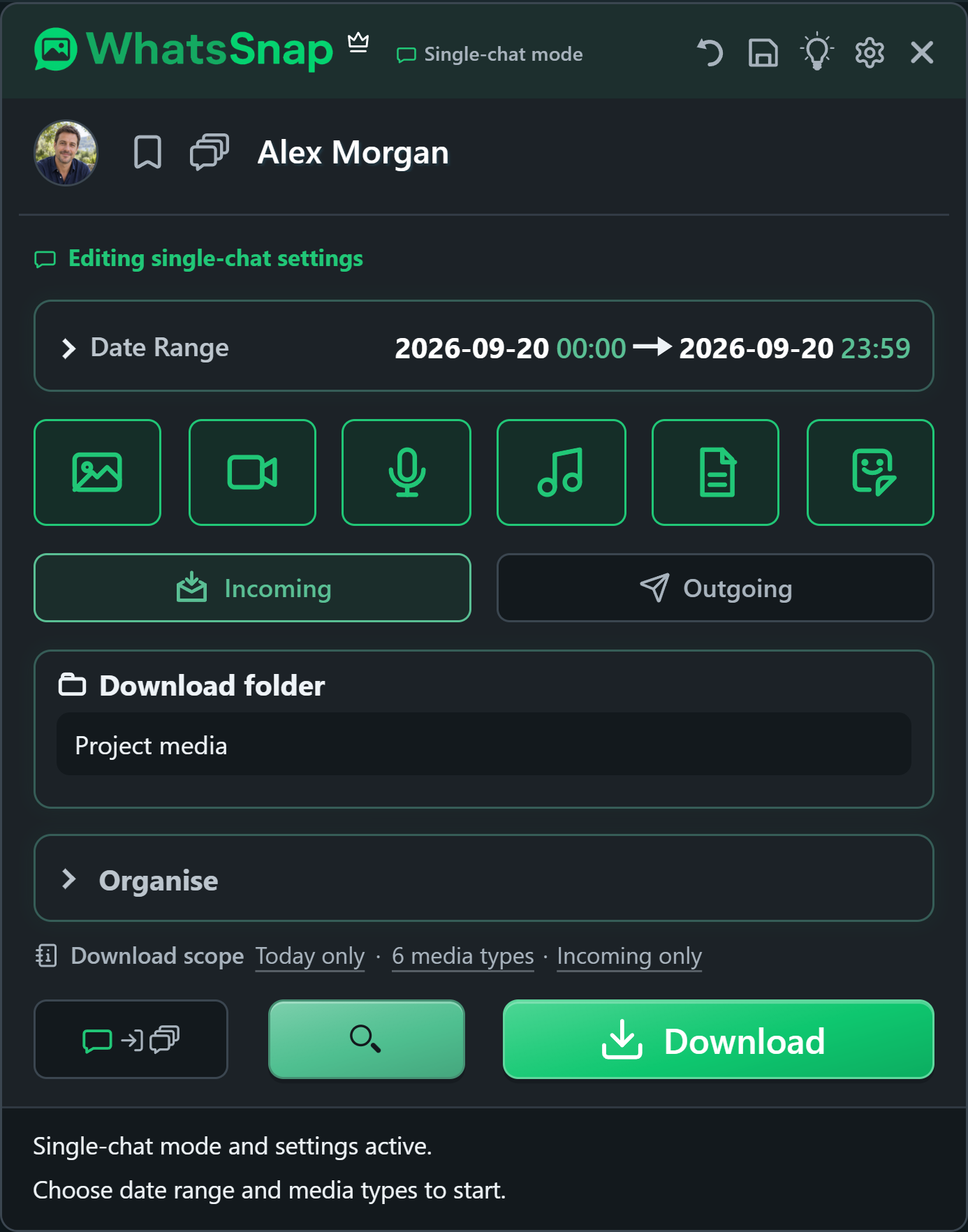 WhatsSnap inside WhatsApp Web with date, media and file organisation controls