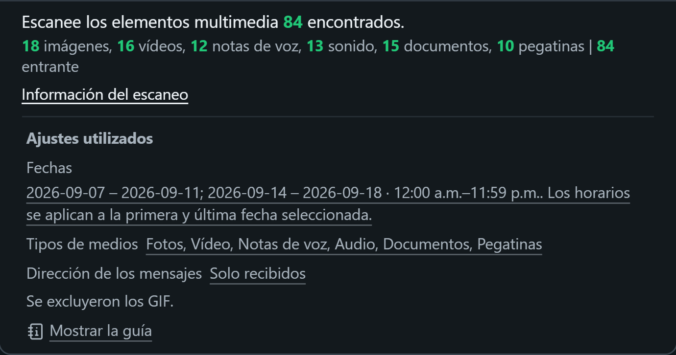 WhatsSnap Un solo chat — Información del escaneo muestra el recuento de medios y los filtros de fecha, medios y dirección utilizados
