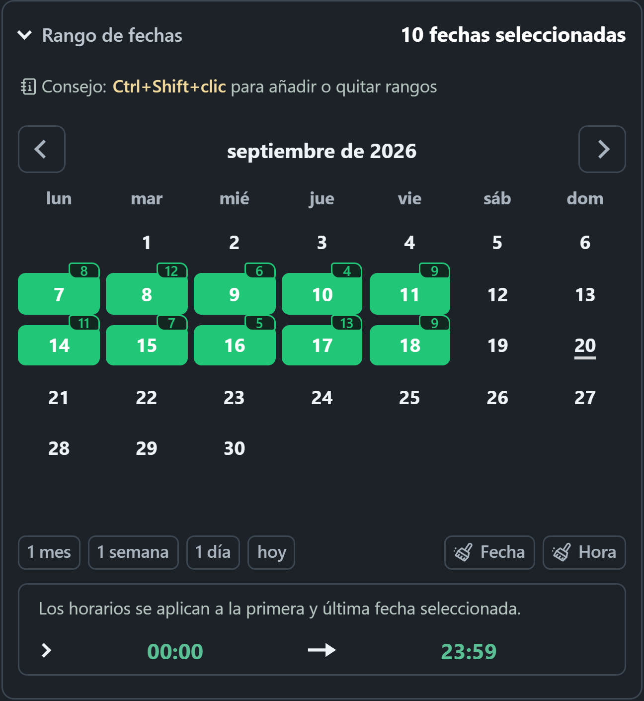 Calendario WhatsSnap con rangos de fechas seleccionados e insignias de medios encontrados escaneados diariamente