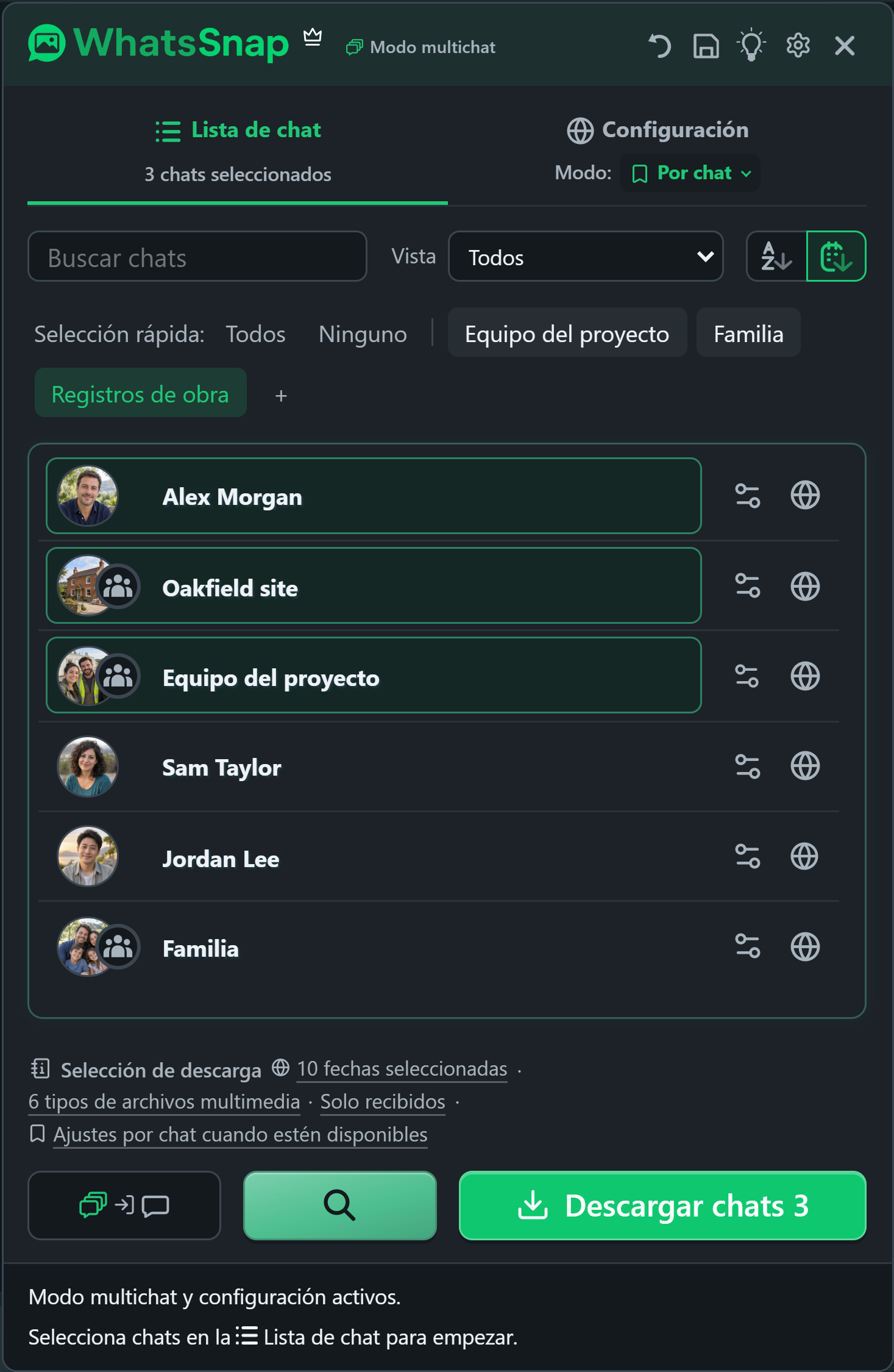 WhatsSnap Chat múltiple con grupos de selección rápida, búsqueda, filtros y chats de trabajo ficticios