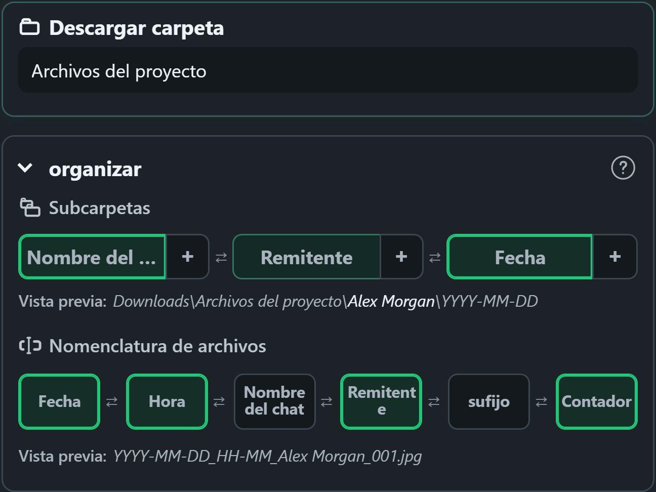 WhatsSnap controles de organización de arrastrar y soltar con vistas previas de carpetas y nombres de archivos