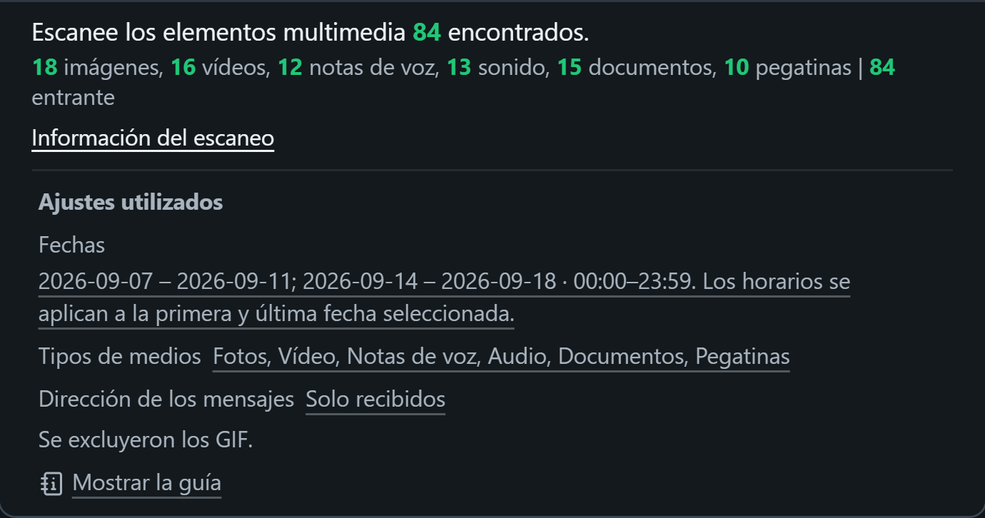 WhatsSnap Un solo chat — Información del escaneo muestra el recuento de medios y los filtros de fecha, medios y dirección utilizados