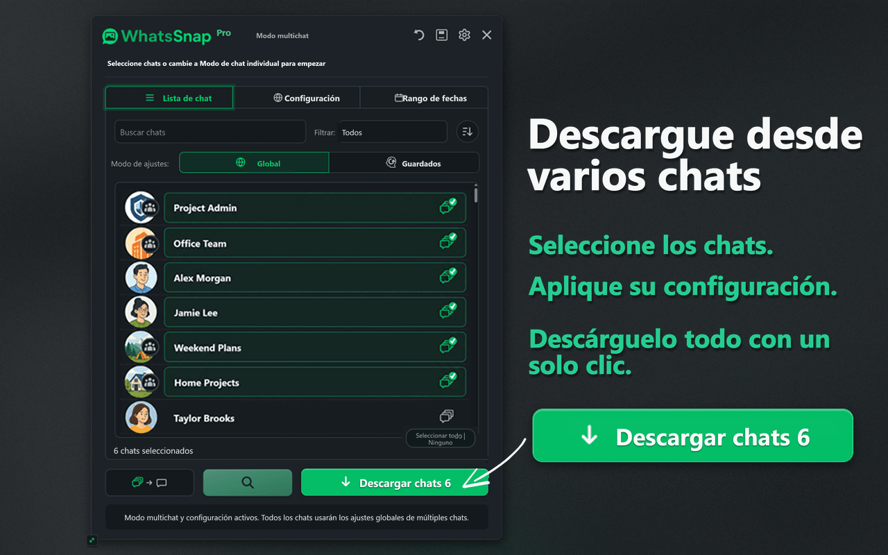 Interfaz de WhatsSnap para selección Multi-chat y descarga por lotes