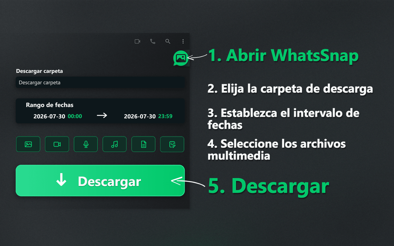 Iniciador de WhatsSnap, intervalo de fechas, selección de contenido multimedia y proceso de descarga