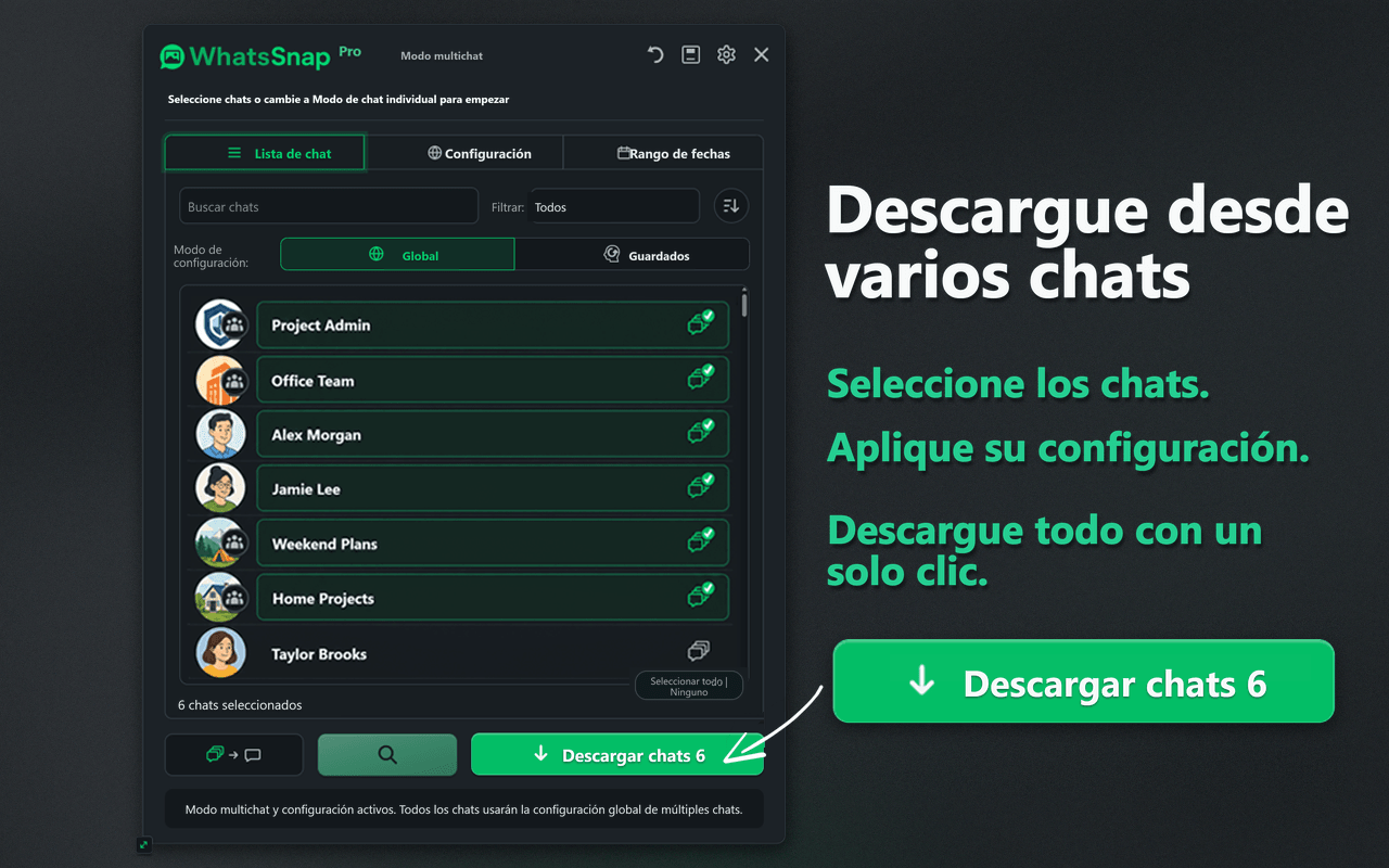 Interfaz de WhatsSnap para selección Multi-chat y descarga por lotes