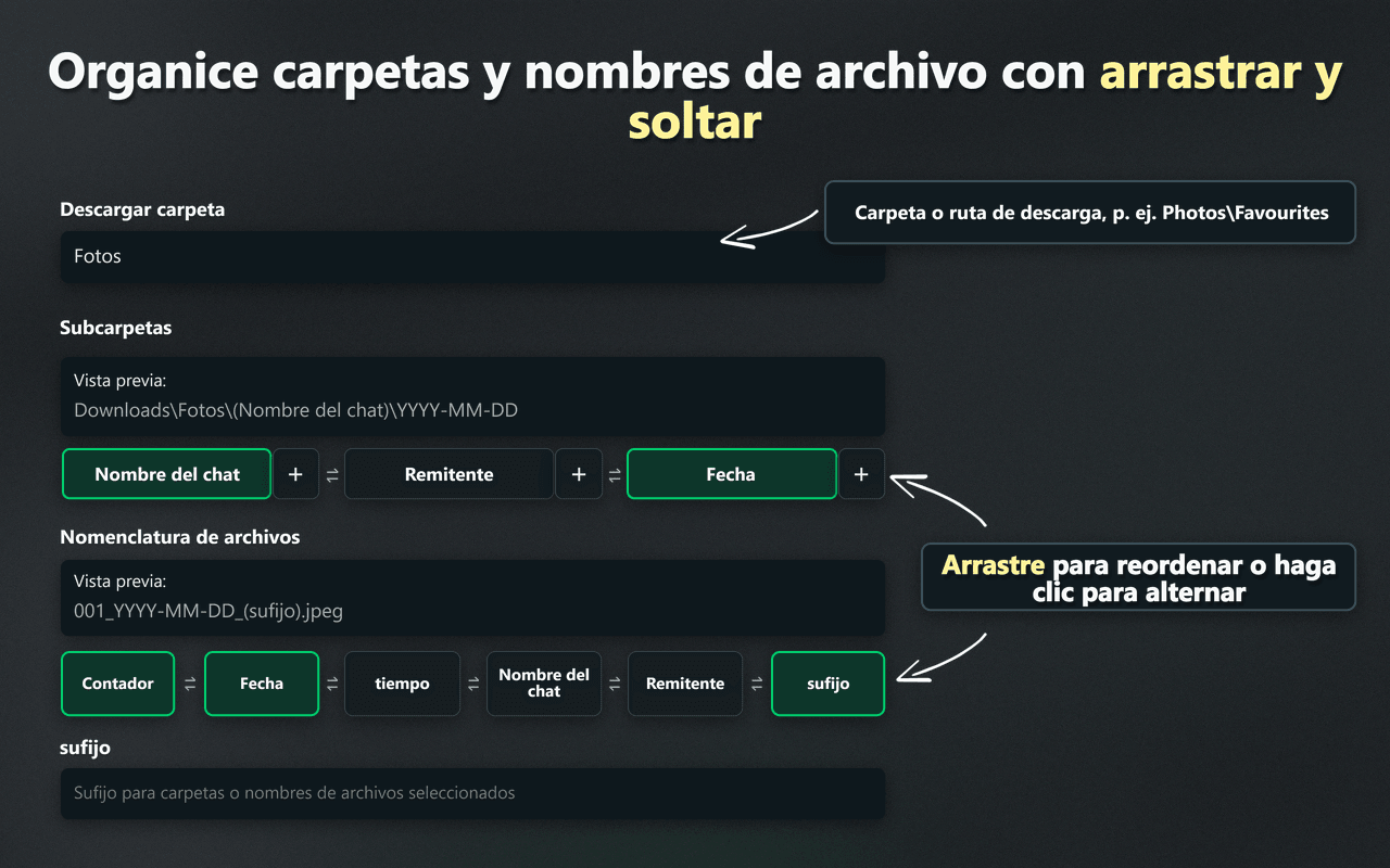 Controles de WhatsSnap para organizar carpetas y nombres de archivo mediante arrastrar y soltar
