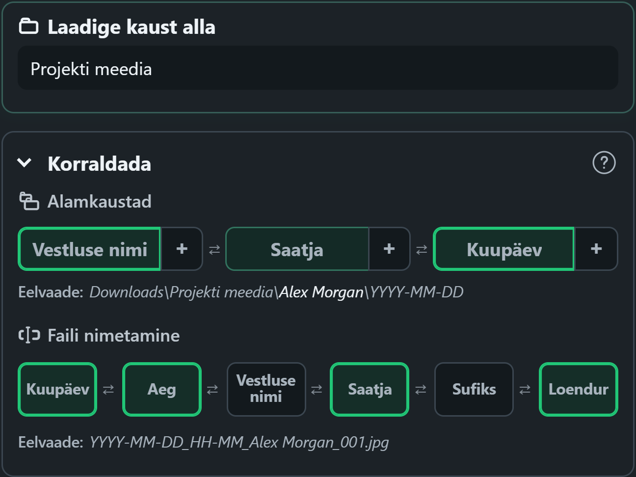 WhatsSnap pukseerige organisatsiooni juhtelemendid kaustade ja failinimede eelvaatega