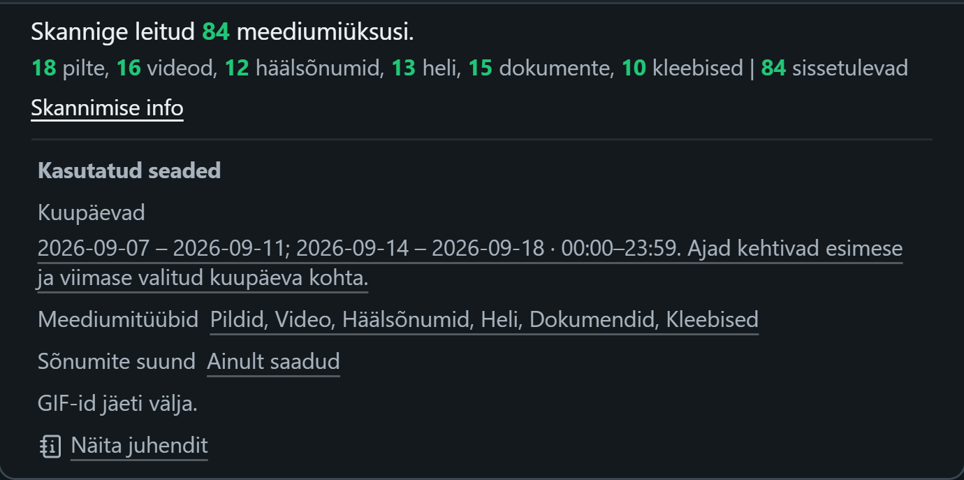WhatsSnap Üks vestlus — Skannimise info näitab meediumite arvu ning kuupäeva, meedia ja kasutatud suunafiltreid
