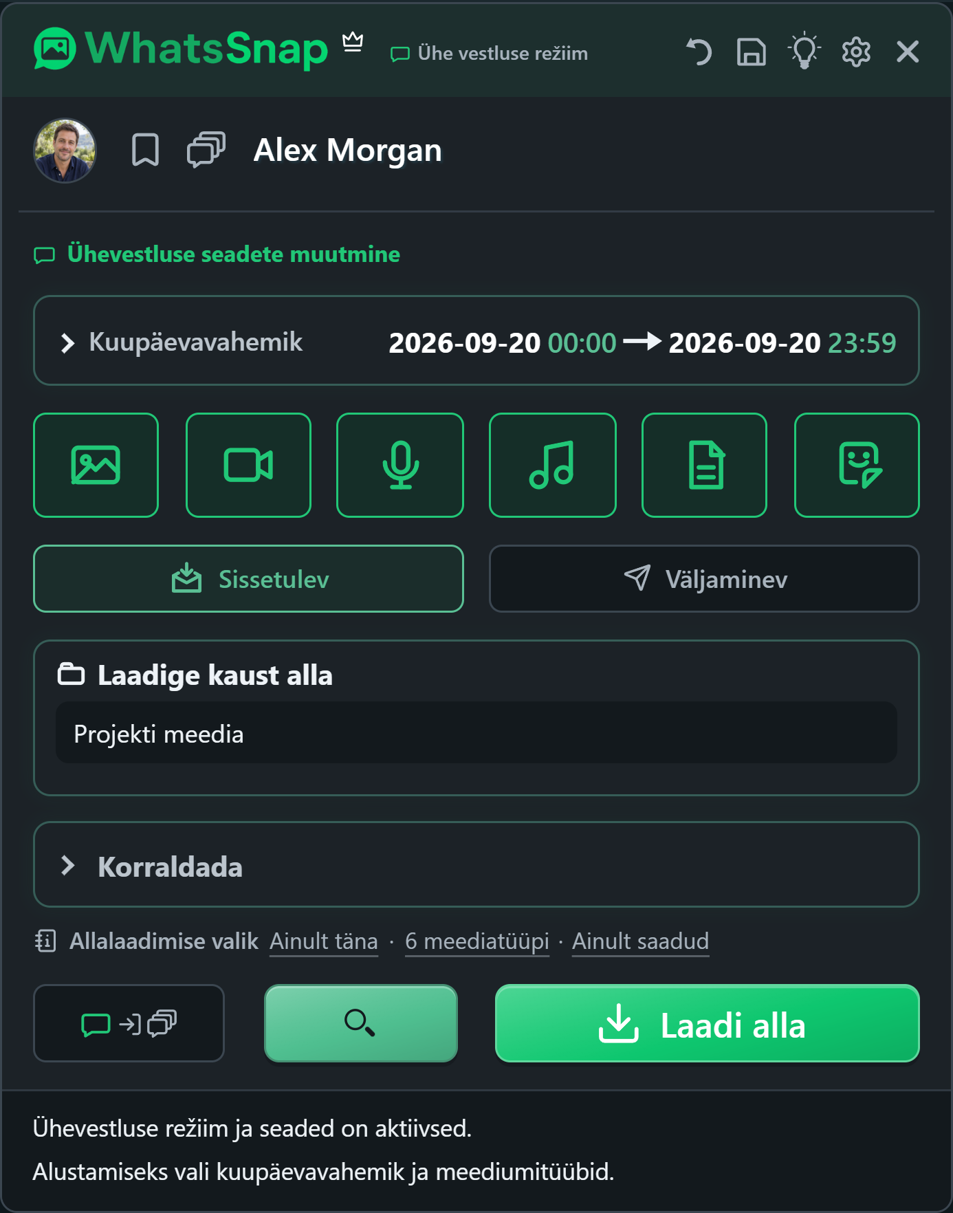 WhatsSnap WhatsApp Web sees koos kuupäeva, meediumi ja failikorralduse juhtelementidega