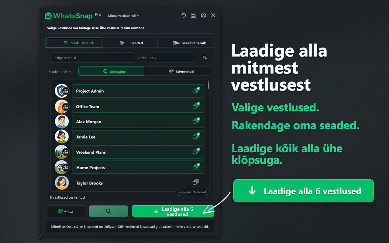 WhatsSnapi Multi-chat-valiku ja hulgiallalaadimise liides