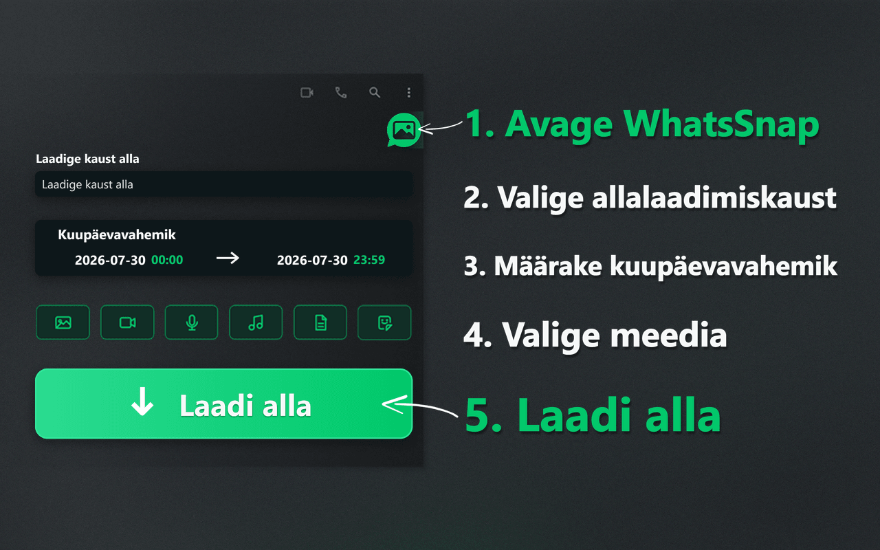 WhatsSnapi käivitaja, kuupäevavahemik, meedia valimine ja allalaadimisprotsess